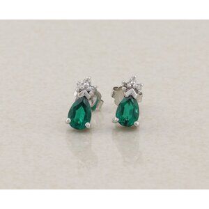 14k White Gold Lab Created Emerald & Diamond Earrings Stud Post Earrings 3/8"